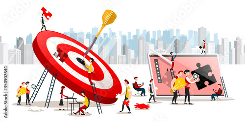 Creative Company Business Team Solving Puzzle. Success in Teamwork Concept. Dart in Center of Target with Modern Buildings on Background Vector Illustration.