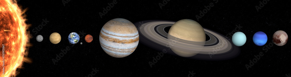 Solar system planets in outer space. Mercury, Venus, Earth with Moon, Mars, Jupiter, Saturn, Uranus, Neptune, Pluto. Planetary system concept. Elements of this image were furnished by NASA.