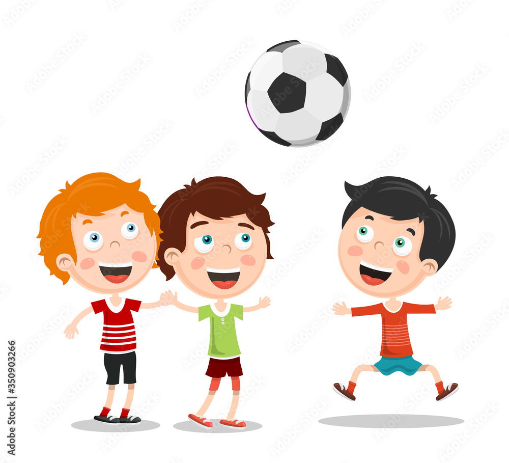 Kids Playing Football Vector Illustration. Boys with Soccer Ball Isolated on White Background. Kids Playing Football Vector Illustration. Boys with Soccer Ball Isolated on White Background.