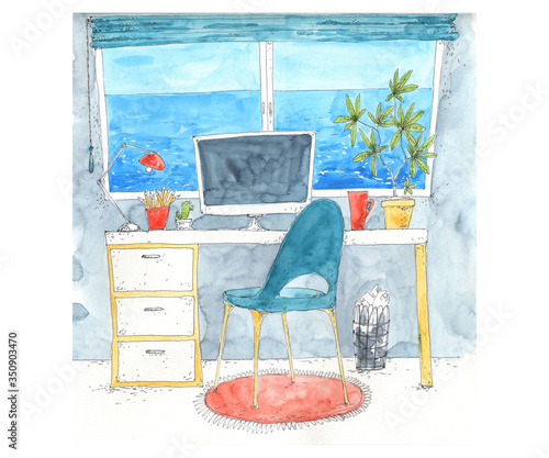 Home office concept. Working at home with sea view. Cute hand drawn illustration in watercolor sketching style. Cozy working space. Dream about vacation.