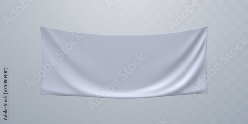 White textile advertising banner mockup. Vector 3d illustration. Hanging wrinkled fabric. Stretched canvas. Folded sheet. Template for placing ad