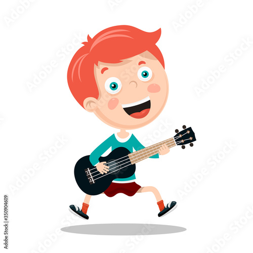 Red Haired Kid Playing Ukulele. Young Boy Guitar Player Vector Illustration.