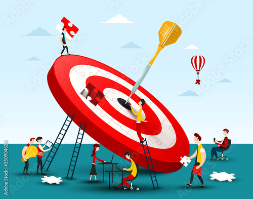 Company Teamwork Concept. People Solving Puzzle Pieces, Building Target - Bullseye with Dart. Business Success Symbol Vector Illustration.