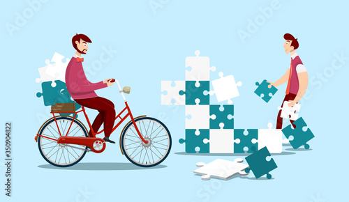 People Solving Puzzle. Jigsaw Pieces Team Building Concept with Man on Bicycle.