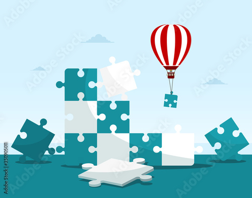 Puzzle - Jigsaw Pieces with Hot Air Balloon Vector Illustration