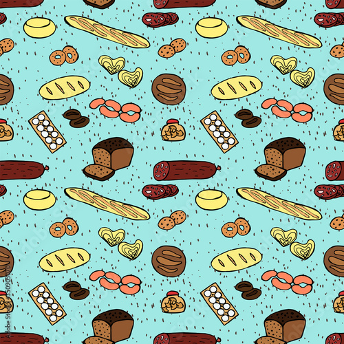 Groceries seamless pattern. Vector hand-drawn doodle color illustration.