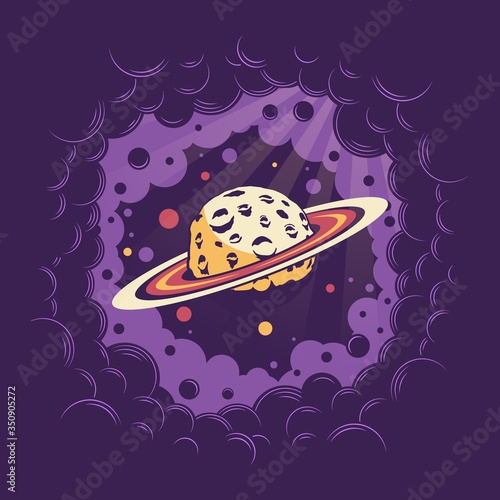 Alien planet with craters and rings in space among the nebula. Saturn retro poster. Vector vintage illustration.