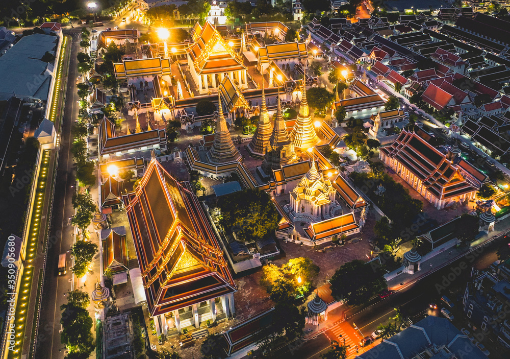 Aerial view of Grand Palace temple in Bangkok Thailand during lockdown covid quarantine at night Aerial view of Grand Palace temple in Bangkok Thailand during lockdown covid quarantine at night