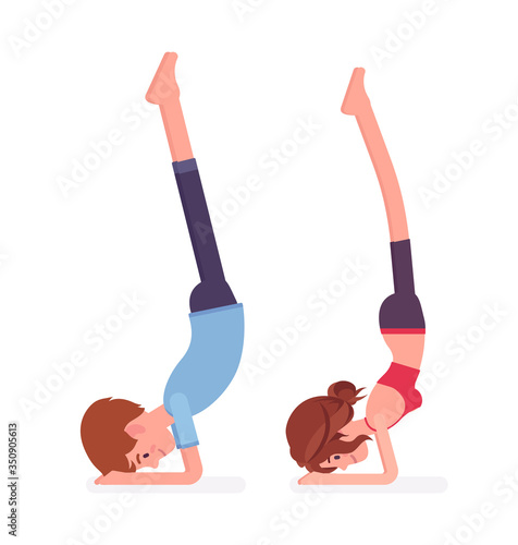 Young yogi man and woman in sports wear practicing yoga, partners doing Pincha Mayurasana pose, handstand exercise, stress-free yogic practice. Vector flat style cartoon illustration, side view