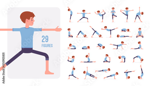 Young sporty yogi man practicing yoga character set, pose sequences. Healthy fit guy doing physical workout for mind and body exercise. Full length, different views, gestures, emotions, positions