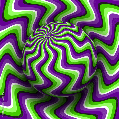 Optical illusion hypnotic vector illustration of rotating curved stripes pattern. Patterned purple green globe soaring above the same surface.