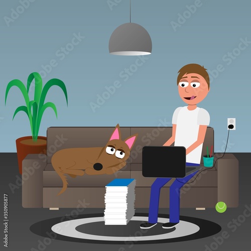 cute funny cartoon characters, man at home sitting on couch and working on computer in company of his dog, homeoffice concept, vector illustration
