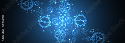 Abstract blue technological background. Structure square pattern with cogwheels and plexus effect. Vector
