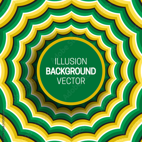 Round frame on green yellow optical illusion hypnotic background of moving wavy stripes.