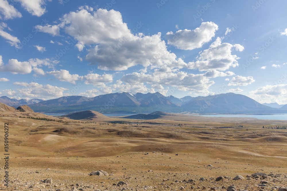 Landscape of valley in rolling hills of Western Mongolian steppe