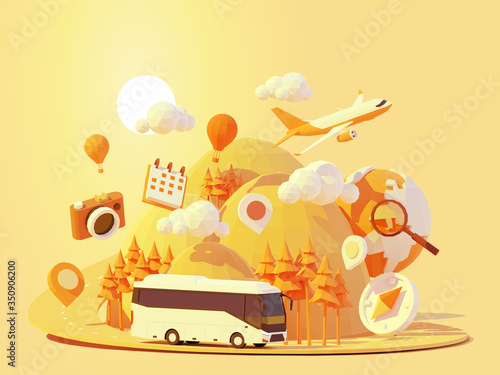 Vector coach bus travel summer journey illustration. Tour bus road trip. Road between mountains with pine trees, hot air balloons. Summer vacation and tourism in tourist bus