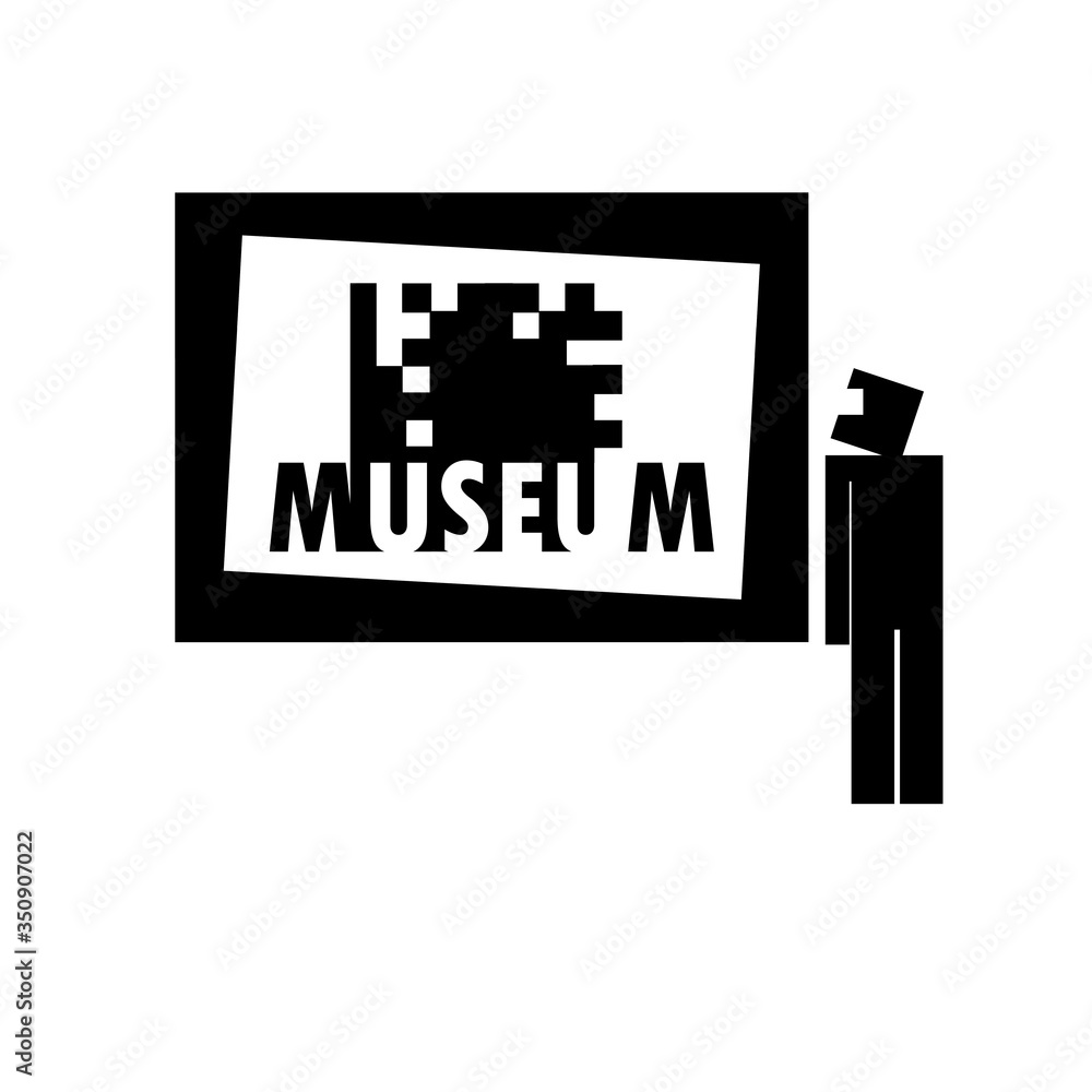 Exhibition of works of art of the Museum. The viewer looks at the picture in the cubist style. Virtual online Museum logo, qr code. Flat black and white design style minimal vector illustration Exhibition of works of art of the Museum. The viewer looks at the picture in the cubist style. Virtual online Museum logo, qr code. Flat black and white design style minimal vector illustration