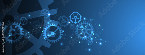Abstract blue technological background. Structure square pattern with cogwheels and plexus effect. Vector