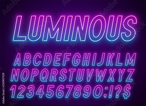 Neon blue pink font, light alphabet with numbers on a dark background.