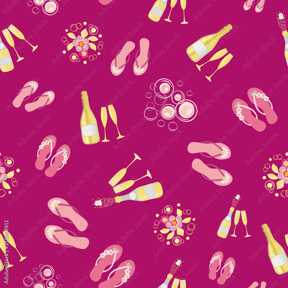 Flip flop shoe and Champagne bubbles vector seamless pattern background ...