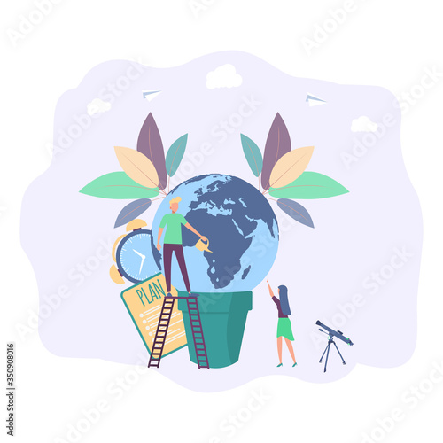 Earth Day hour , green planet. Little people grow a planet in a flower pot. Saving the planet. Colorful vector illustration.