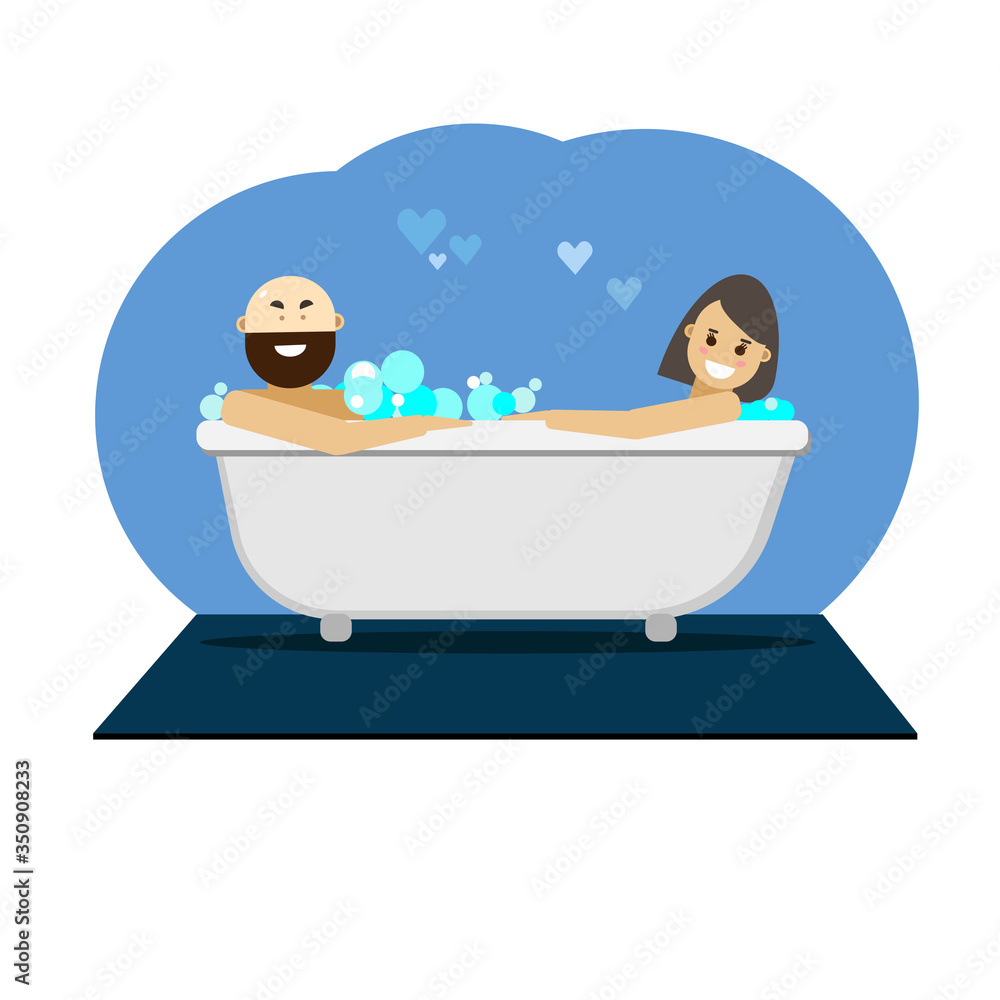 Man and Woman Take Bath Together with Bubble in Bathroom. Happy
