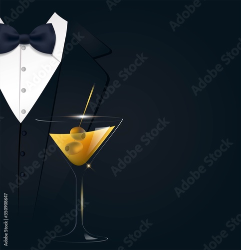 VIP premium invitation card.  Black poster with businessman suit, tie and martini glass. Black and golden colors. Vector illustration
