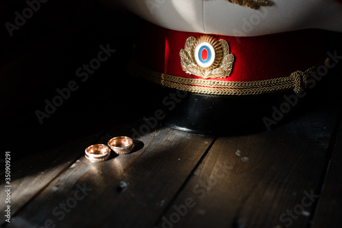 A sailor's wedding. 
sailor's cap. wedding rings