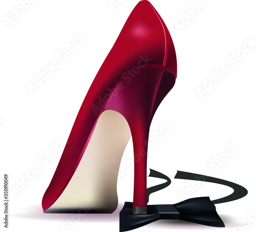 Women's red high-heeled shoes are standing on a black men's bow tie. The concept of the relationship between a man and a woman. Realistic image on a white background.
