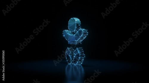 3d rendering seamless loop 4k rotation wireframe neon glowing symbol of baby with shining dots on black background with blured reflection on floor