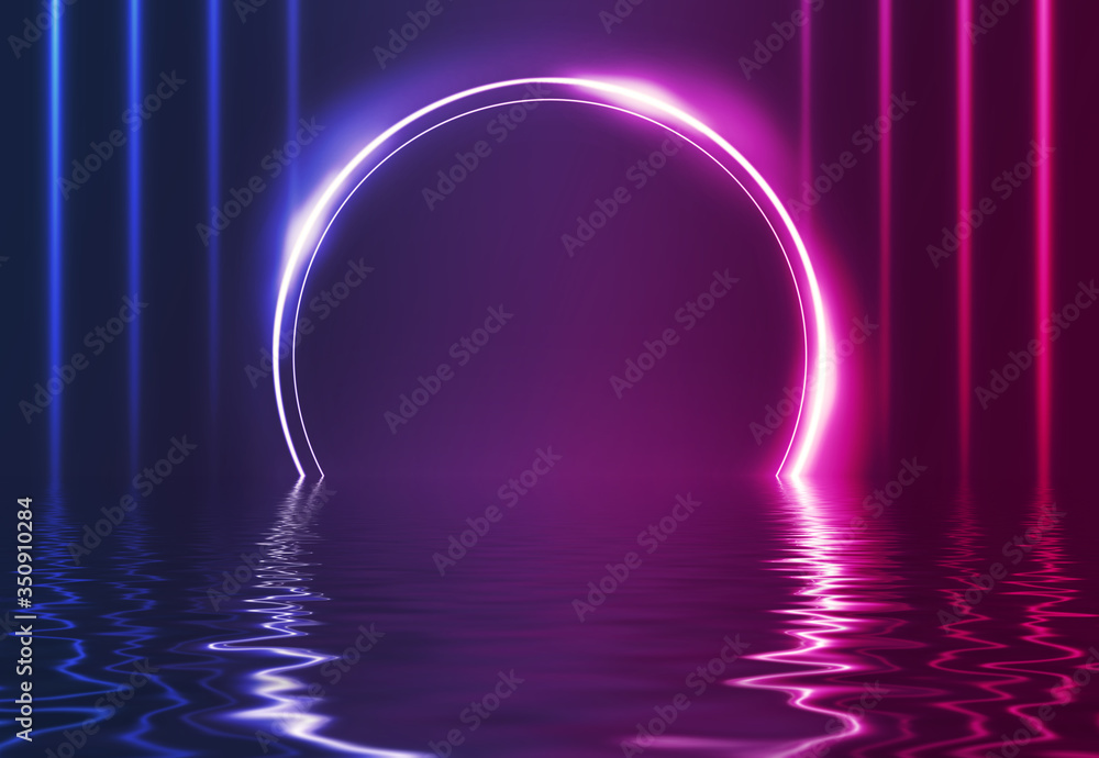 Dark abstract background. Reflection of neon figures on the water, smoke, fog. Dark abstract background. Reflection of neon figures on the water, smoke, fog.