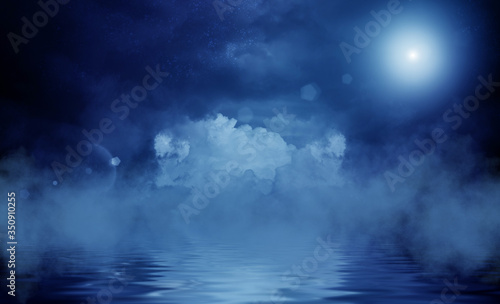 Reflection of the full moon on the water. Dark dramatic background. Moonlight, smoke and fog