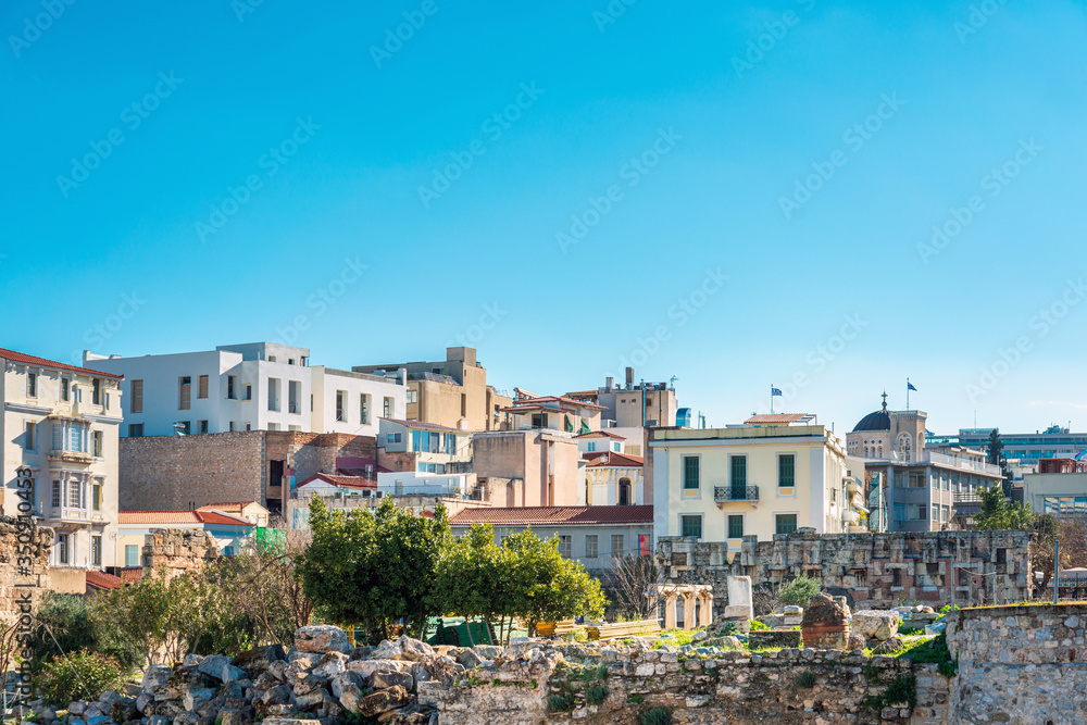 ATHENS, GREECE - February 29, 2022: Street view of downtown Athens, Greece