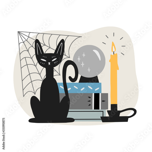 Black cat with witch books, candle and crystal ball. Halloween and magic concept. Vector illustration.