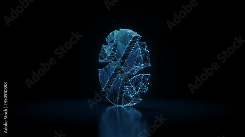 3d rendering seamless loop 4k rotation wireframe neon glowing symbol of basketball ball with shining dots on black background with blured reflection on floor