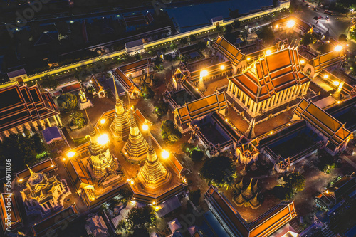 Aerial view of Grand Palace temple in Bangkok Thailand during lockdown covid quarantine at night