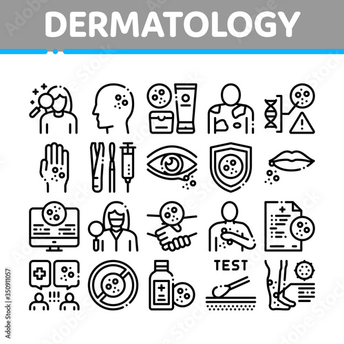 Dermatology Skin Care Collection Icons Set Vector. Dermatology Rash On Hands And Head, Lips And Leg, Body Protection Cosmetic Cream Concept Linear Pictograms. Monochrome Contour Illustrations