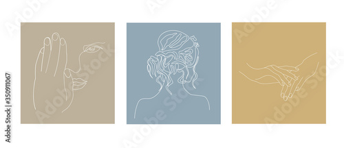 Set of abstract minimalistic line art drawing prints in neutral pallet colors, subtle beautiful pictures of female hands, face and hairstyle, vector illustration for feminine design