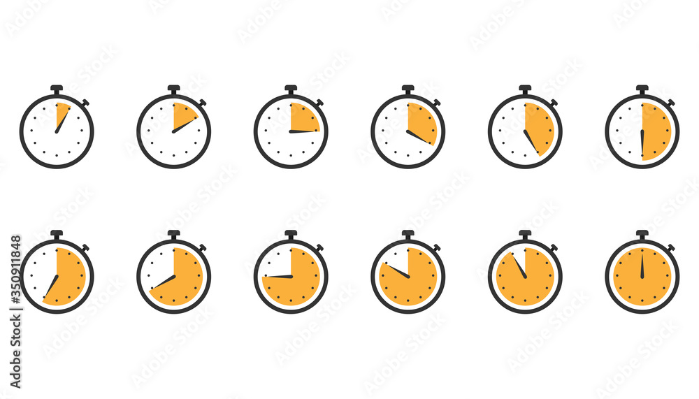 Stopwatch icons. Set of clock timer in flat design in orange. Counter watch with second arrow. Yellow stopwatch chronometer. Speed measure tool. Countdown from 5 to 60 seconds. Vector EPS 10. Stopwatch icons. Set of clock timer in flat design in orange. Counter watch with second arrow. Yellow stopwatch chronometer. Speed measure tool. Countdown from 5 to 60 seconds. Vector EPS 10.