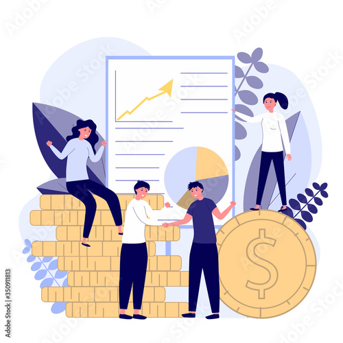 The team concludes a successful deal against a background of money, coins. Successful business, partnership. Vector flat illustrations