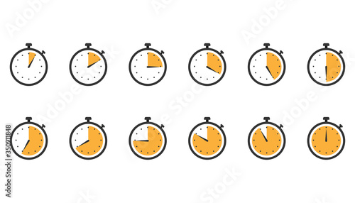 Stopwatch icons. Set of clock timer in flat design in orange. Counter watch with second arrow. Yellow stopwatch chronometer. Speed measure tool. Countdown from 5 to 60 seconds. Vector EPS 10.