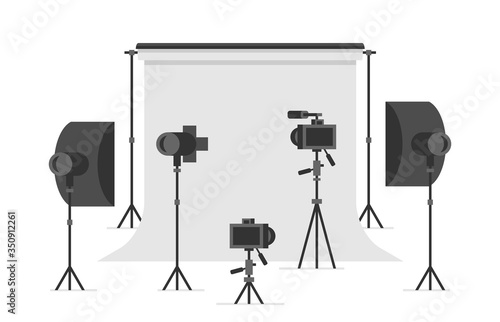 Photo studio. Empty photo studio with lighting equipment and camera. flat style. isolated on white background