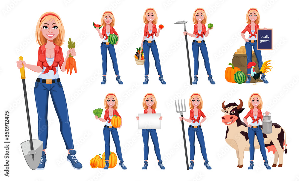 Fototapeta premium Happy smiling farm girl, set of nine poses