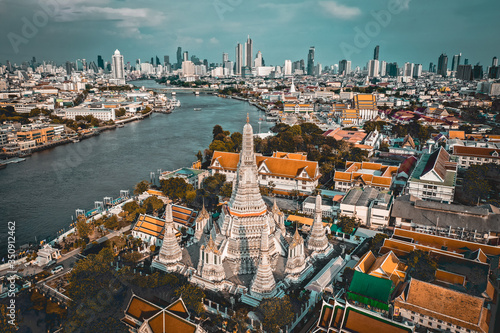 Aerial view of Wat Arun temple in Bangkok Thailand during lockdown covid quarantine