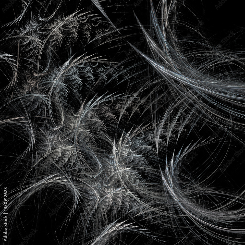 Monochrome abstract background with spikelets and arcs. Imitation of drawing with a white pencil or chalk on a black background. 3D rendering. 3D illustration.