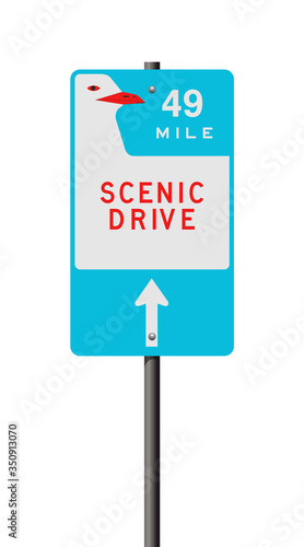 Vector illustration of the Scenic Drive 49 Mile road sign on metallic post