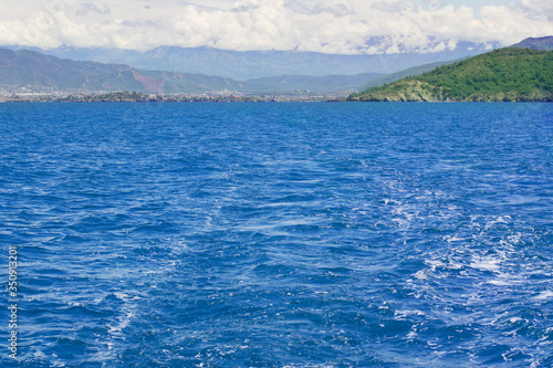 View of sailing boat track while sailing far from the coast