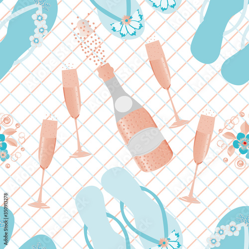 Flip flop shoe and Champagne icons vector seamless pattern background. Pink rose bottles, fizzing glasses, blue sandals on criss cross backdrop. All over print for beach hen party celebration concept