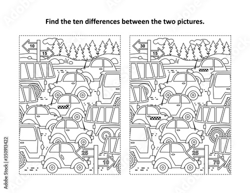 Find the differences visual puzzle and coloring page with retro toy cars and trucks on the road
