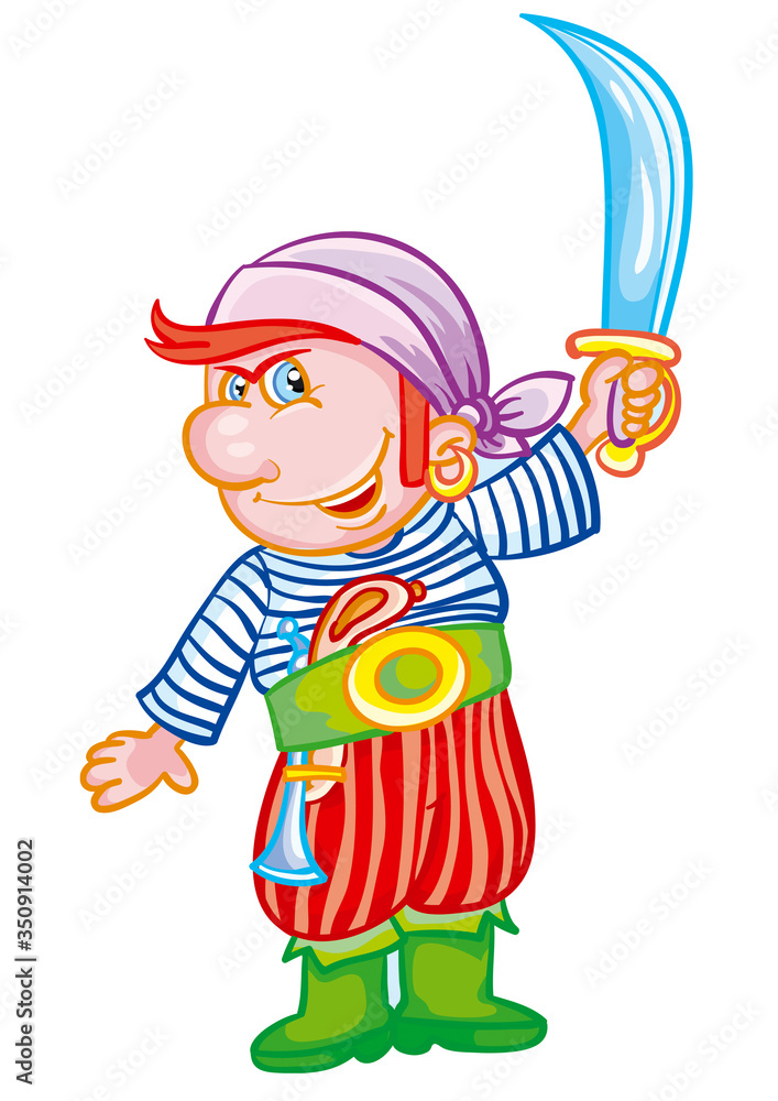 Cartoon pirate kid with a sword, isolated object on white background, vector illustration, Cartoon pirate kid with a sword, isolated object on white background, vector illustration,